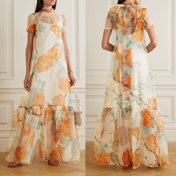 STAUD Dresses & Skirts - STAUD Calluna Poppy Floral Print Organza Tie Back Maxi Gown Dress